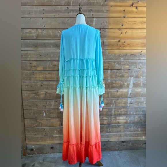 MAZIK Rainbow Gradient Hi-Low Tiered Ruffles With Tassels At Wrist Maxi Dress S - Picture 3 of 8